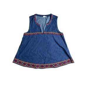 GAP‎ Embroidered Denim Tunic Top Women's XS Blue Sleeveless V Neck